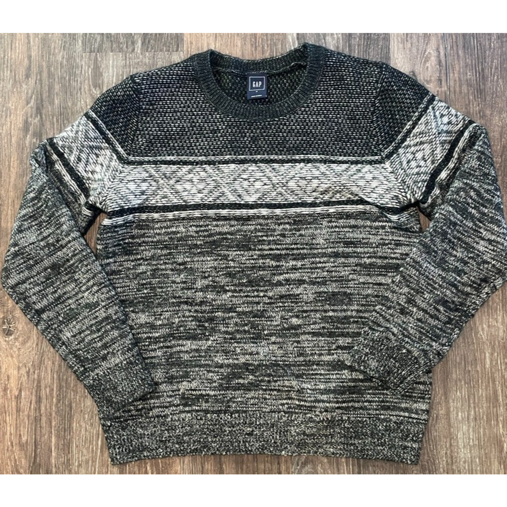 GAP Women’s Crewneck Sweater Black & Gray Wool Blend Sz M Quiet Luxury Fisherman
